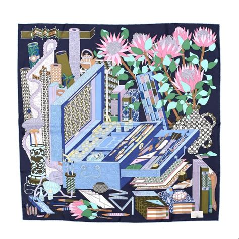 HERMES Silk Les Tresors D Un Artiste Scarf 90 Marine Ciel 